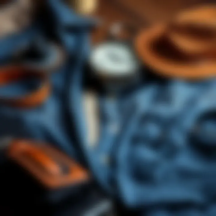 A visually appealing arrangement featuring accessories that complement a lined denim shirt, highlighting styling options.