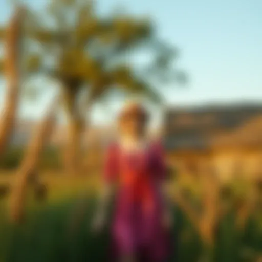 A serene countryside scene featuring cottagecore fashion