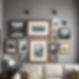 Elegant display of various framed pictures using adhesive wall hooks