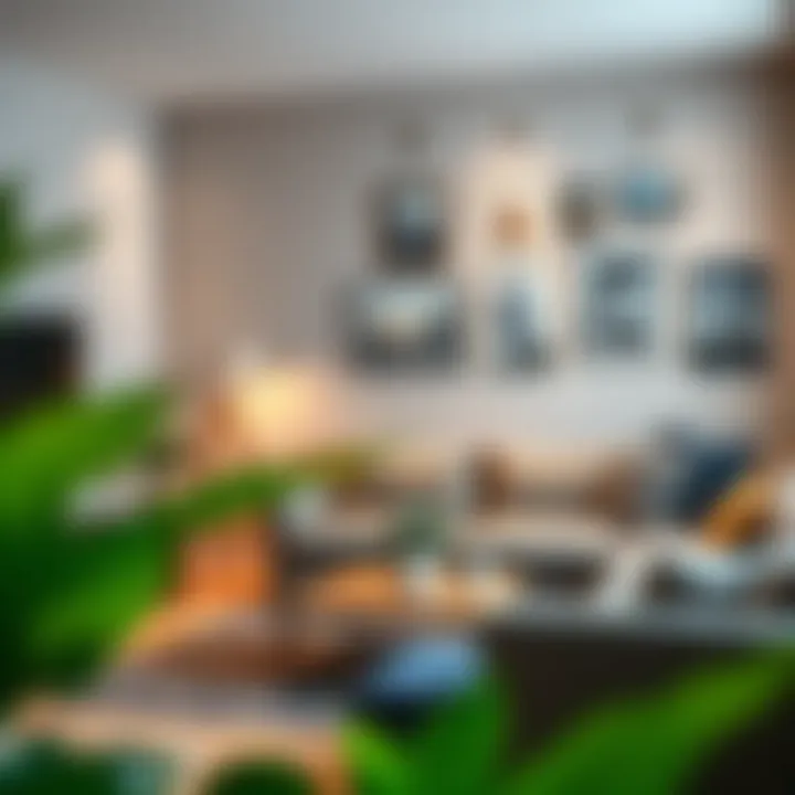 Stylish living room featuring pictures hung with adhesive hooks