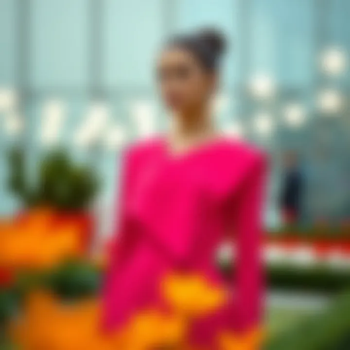 Modern Silhouette of Asymmetrical Collar Dress A model wearing an asymmetrical collar dress in a vibrant setting, exhibiting its modern silhouette