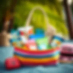 Colorful beach bag filled with summer essentials