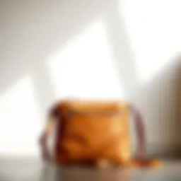 Stylish camel color crossbody bag against a minimalist background