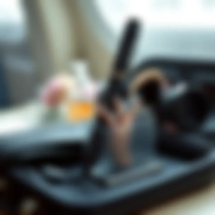 Organized travel setup with curling iron and holder