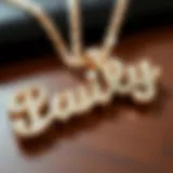 Close-up of a sparkling custom bling name necklace with intricate detailing