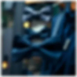 Elegant dark blue bow tie display with intricate patterns