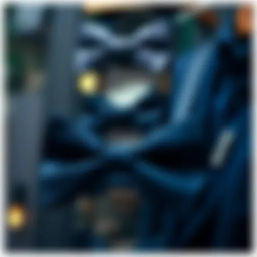 Elegant dark blue bow tie display with intricate patterns