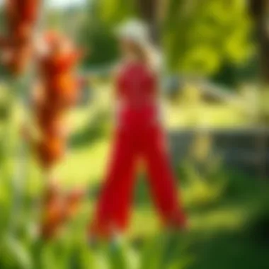 A vibrant outdoor scene featuring the jumpsuit in a natural setting.