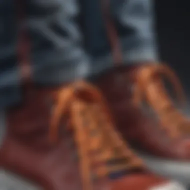 Close-up of dual colored shoelaces enhancing an outfit