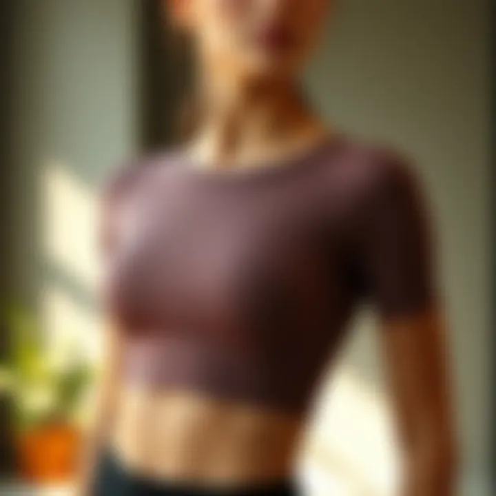 Modern design of a short sleeve yoga top showcasing innovative materials.