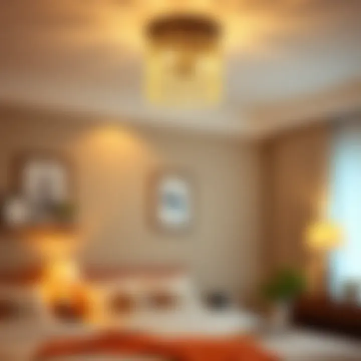 Warm ambiance created by a small crystal ceiling light fixture in a cozy bedroom