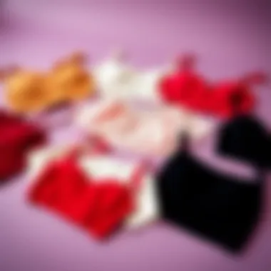 An array of different styles of crop tops laid out on a colorful background