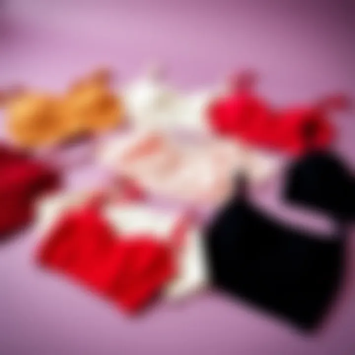 An array of different styles of crop tops laid out on a colorful background