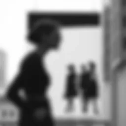 A striking black and white retro poster featuring iconic fashion silhouettes