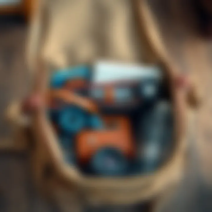 Organized Internal Layout of Canvas Messenger Bag A well-organized canvas messenger bag with essential items neatly arranged inside