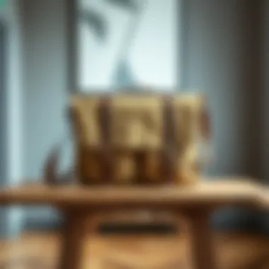Stylish Display of Canvas Messenger Bag A stylish canvas messenger bag placed on a wooden table against a minimalistic backdrop