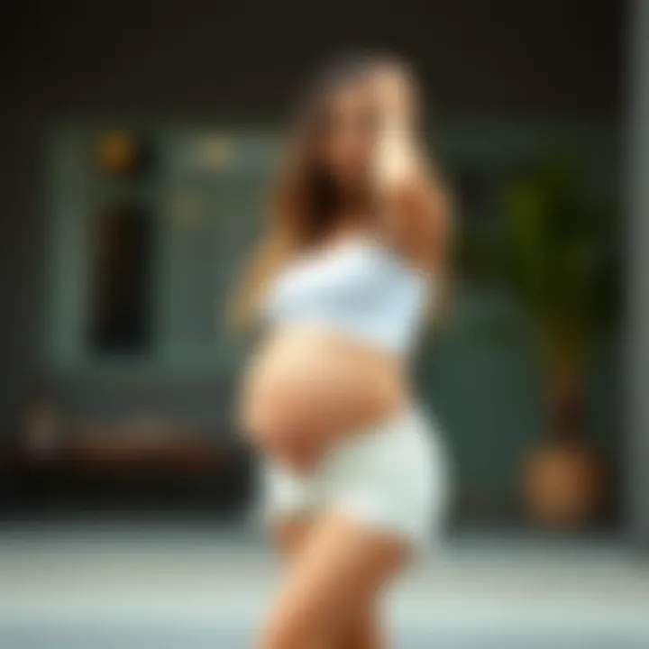 Expectant mother showcasing frayed maternity shorts in a casual setting