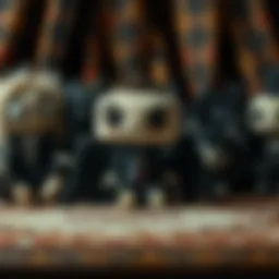 A collection of gothic stuffies showcasing unique fabrics and designs.
