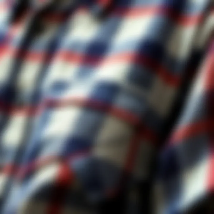 Textile Detail of Graphic Flannel Shirt A close-up view of the fabric texture of a graphic flannel shirt, showcasing its unique patterns and colors.