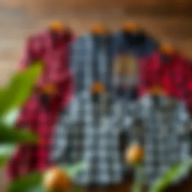 Variety of Graphic Flannel Shirts A stylish arrangement of various graphic flannel shirts displayed on a rustic wooden background, highlighting different designs.