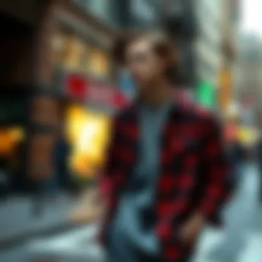 Contemporary Street Style with Graphic Flannel An artistic depiction of a person wearing a graphic flannel shirt in an urban setting, capturing the essence of contemporary street style.