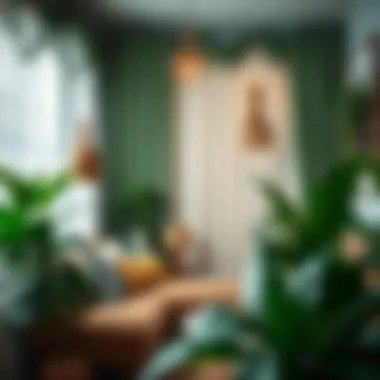 A Cozy Retreat with Green Accents A cozy room showcasing green bohemian curtains with plants