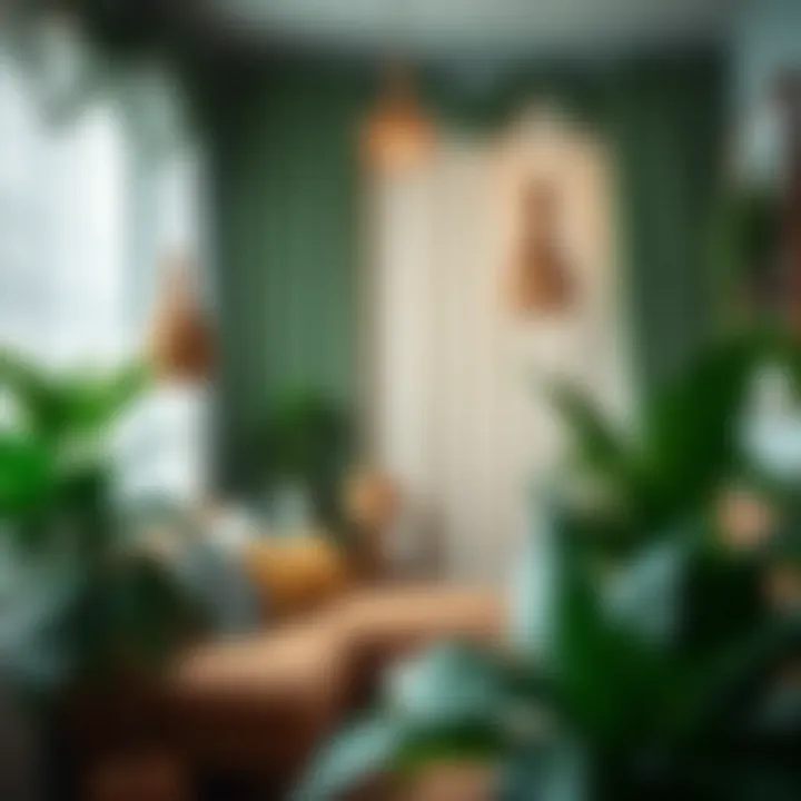 A Cozy Retreat with Green Accents A cozy room showcasing green bohemian curtains with plants