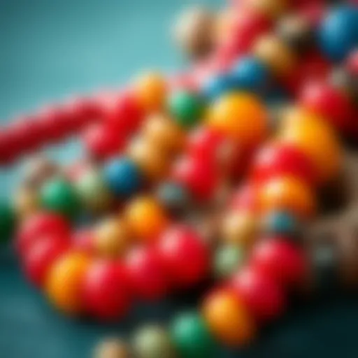 A close-up view of colorful heishi spacer beads arranged artistically