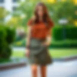 A beautifully styled khaki utility skirt paired with a trendy top