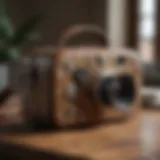 A stylish leopard camera bag placed on a wooden table showcasing its intricate design.