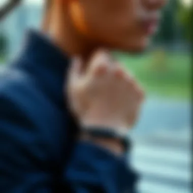 A thoughtful individual wearing a prayer bead bracelet, symbolizing spiritual reflection