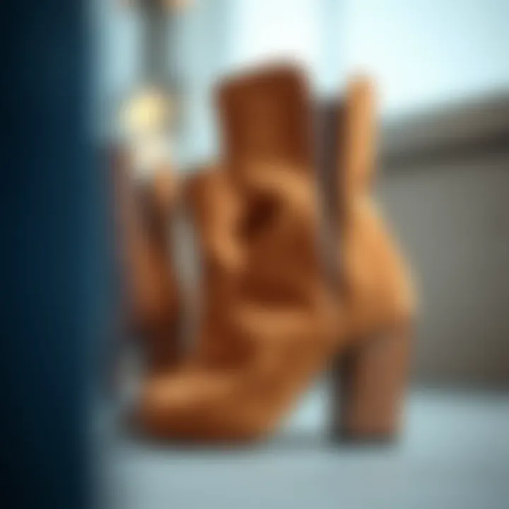 Close-up of the texture and design details of camel booties.