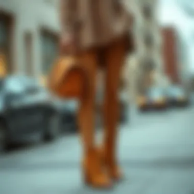 Fashionable outfit styled with camel peep toe booties.