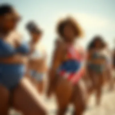 Diverse Plus Size Swimwear Styles Diverse styles of plus size swimwear displayed on a sunny beach