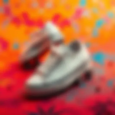 An artistic representation of white skateboarding shoes on a vibrant background to symbolize personal expression