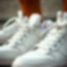 A close-up view of white skateboarding shoes showcasing intricate design elements