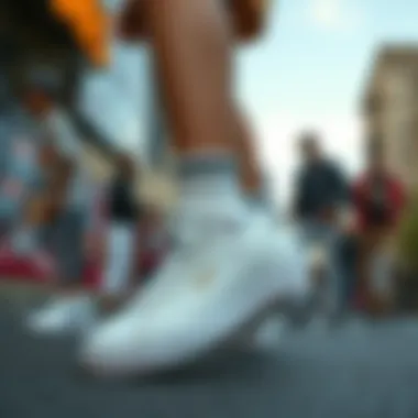 An urban scene featuring individuals wearing white skateboarding shoes, highlighting cultural relevance