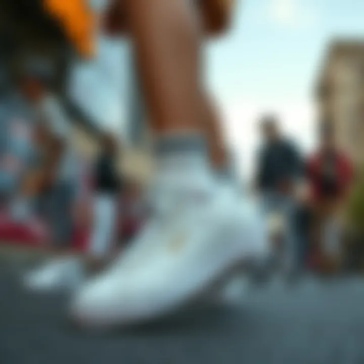 An urban scene featuring individuals wearing white skateboarding shoes, highlighting cultural relevance