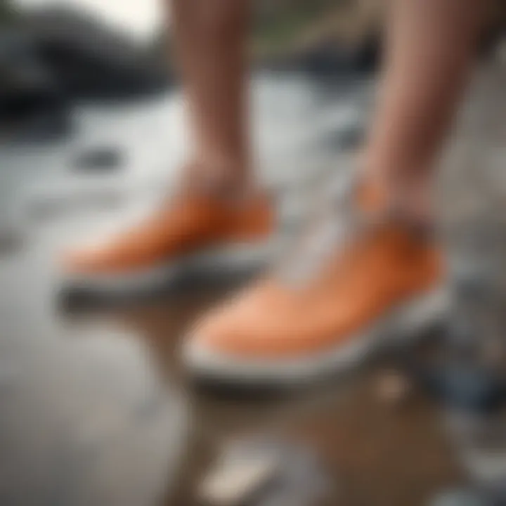 Stylish sneaker water shoes on a rocky beach