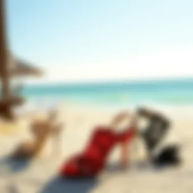 Beachside Glamour with Fantasy Heels A chic display of fantasy heels set against a backdrop of a sunny beach