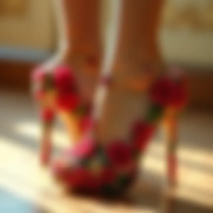 Floral Elegance in Fantasy Heels A stunning pair of summer fantasy heels adorned with intricate floral patterns