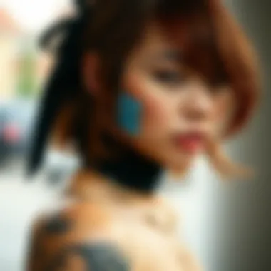 Fashion-forward individual styling with tattoos and flaw concealing tape as a statement.