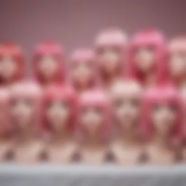 An assortment of pale pink wigs arranged artistically on a display table.