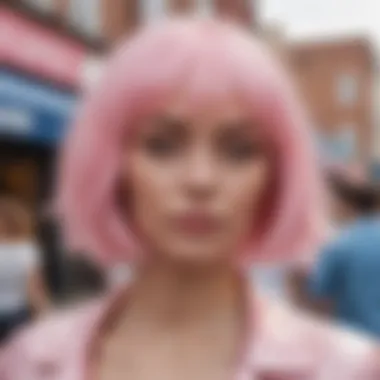 A fashionable individual wearing a pale pink wig at a vibrant street festival.