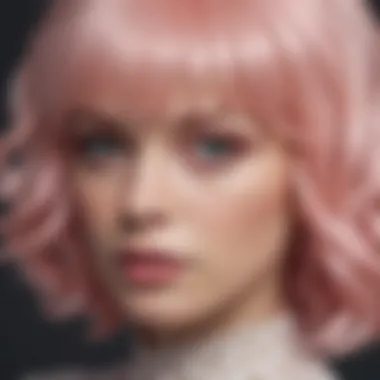 A close-up of a pale pink wig showcasing intricate lace detailing.