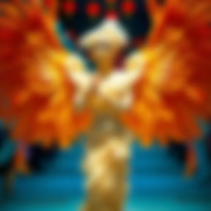 Vibrant Feather Wings Showcase Elegant feather wings in a vibrant costume display