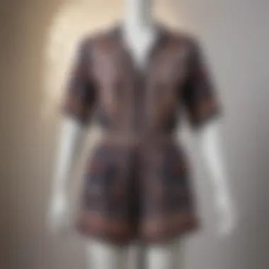 Intricate Design of Loose Fitting Rompers A stylish loose fitting romper with intricate patterns displayed on a mannequin