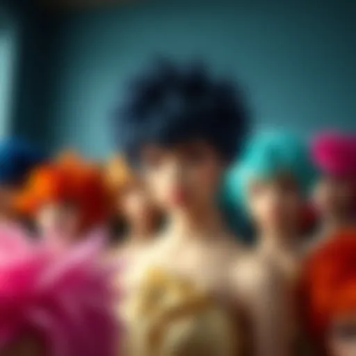 An array of vibrant short spiky wigs displayed artistically