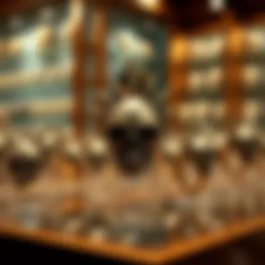 Fashionable display of spiked skull rings in a boutique