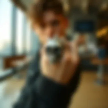 Stylish individual wearing a spiked skull ring in a modern setting